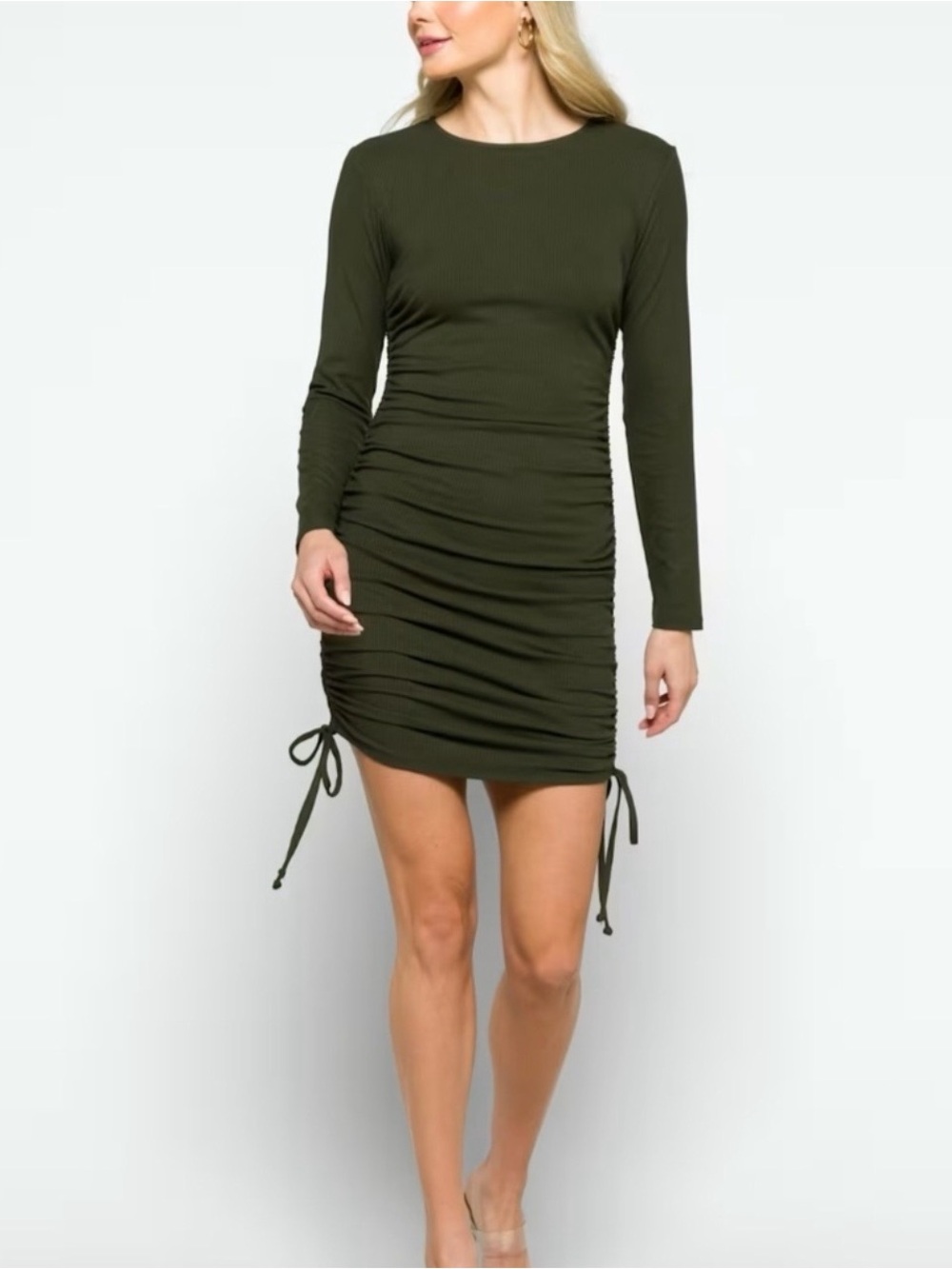 nine britton Olive Green Long Sleeve Ruched Mini Dress